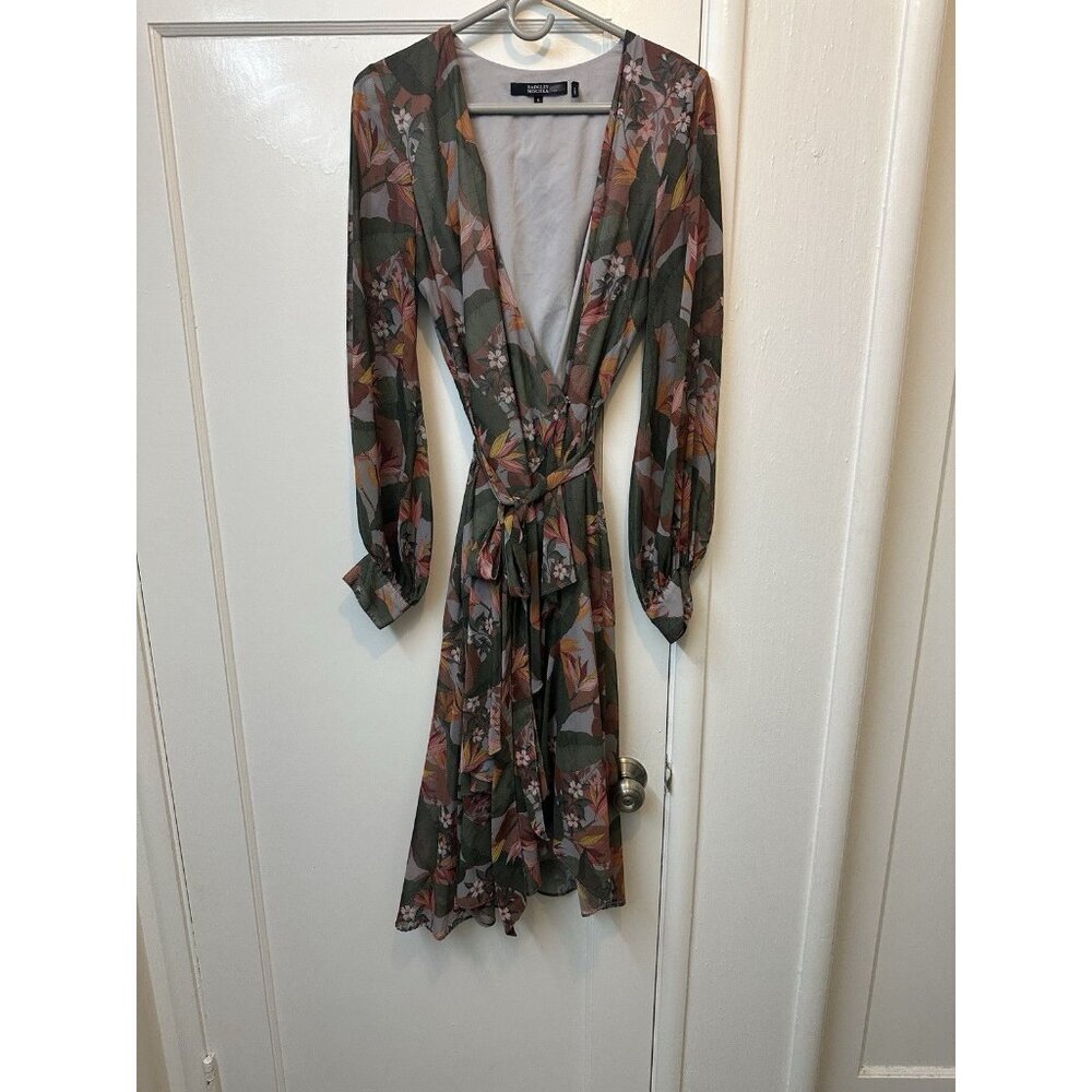 Badgley Mischka Floral Wrap Dress Fall Colors Silky Sz 6 Belted Sheer Romantic